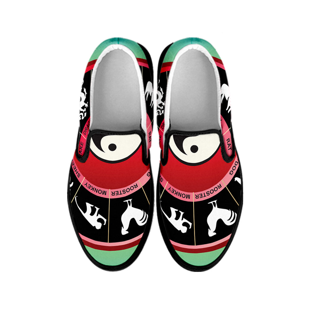 Yin Yang Chinese Zodiac Signs Print Black Slip On Shoes