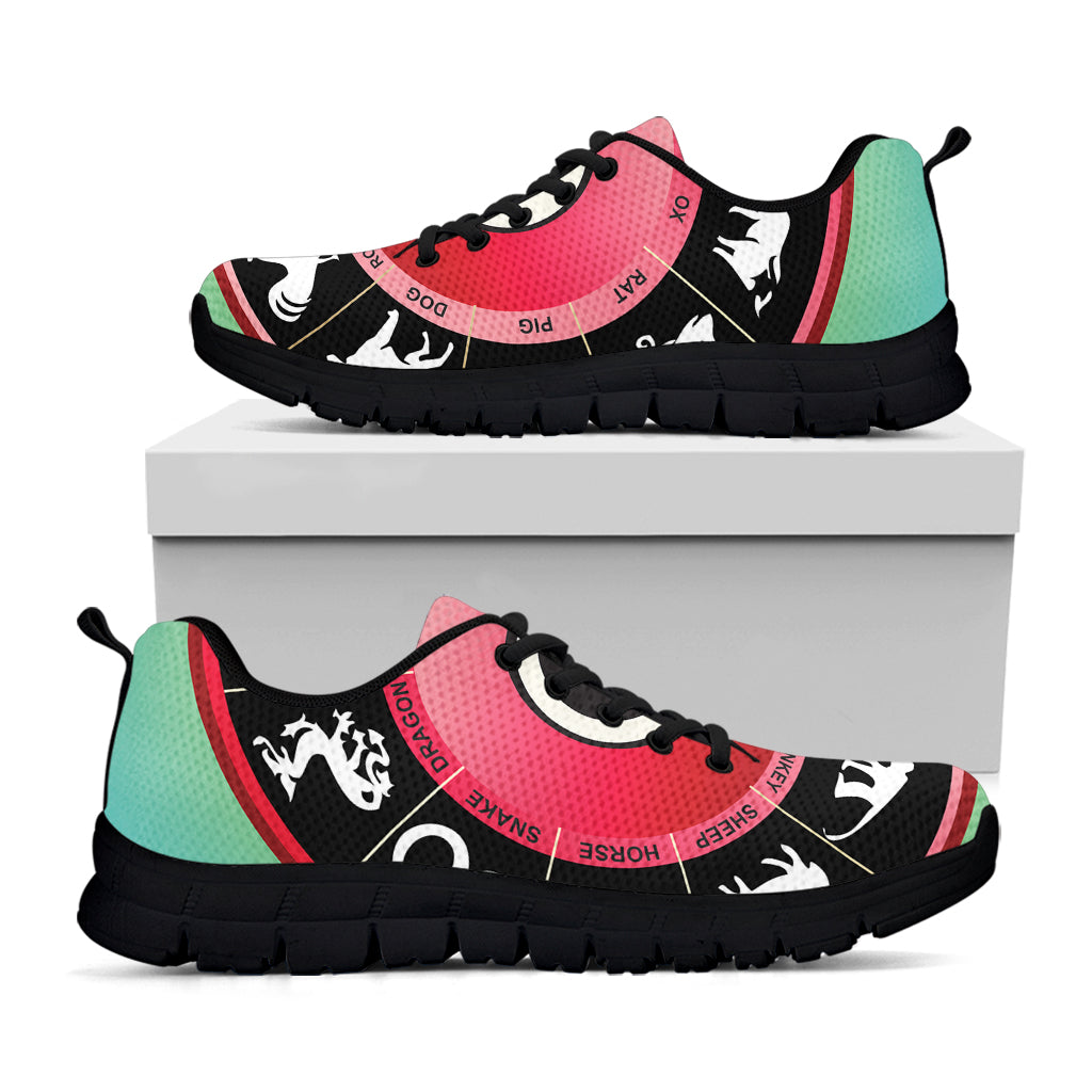 Yin Yang Chinese Zodiac Signs Print Black Sneakers