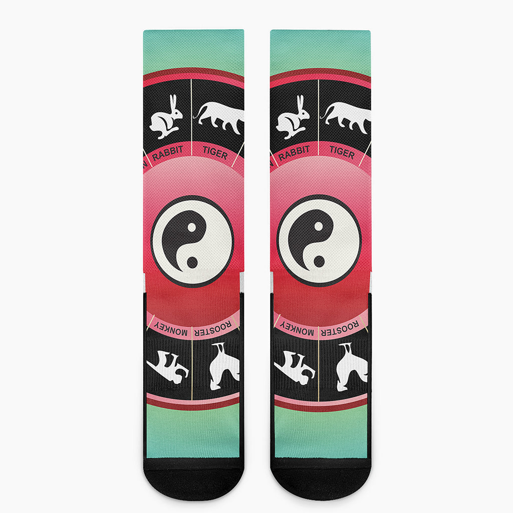 Yin Yang Chinese Zodiac Signs Print Crew Socks