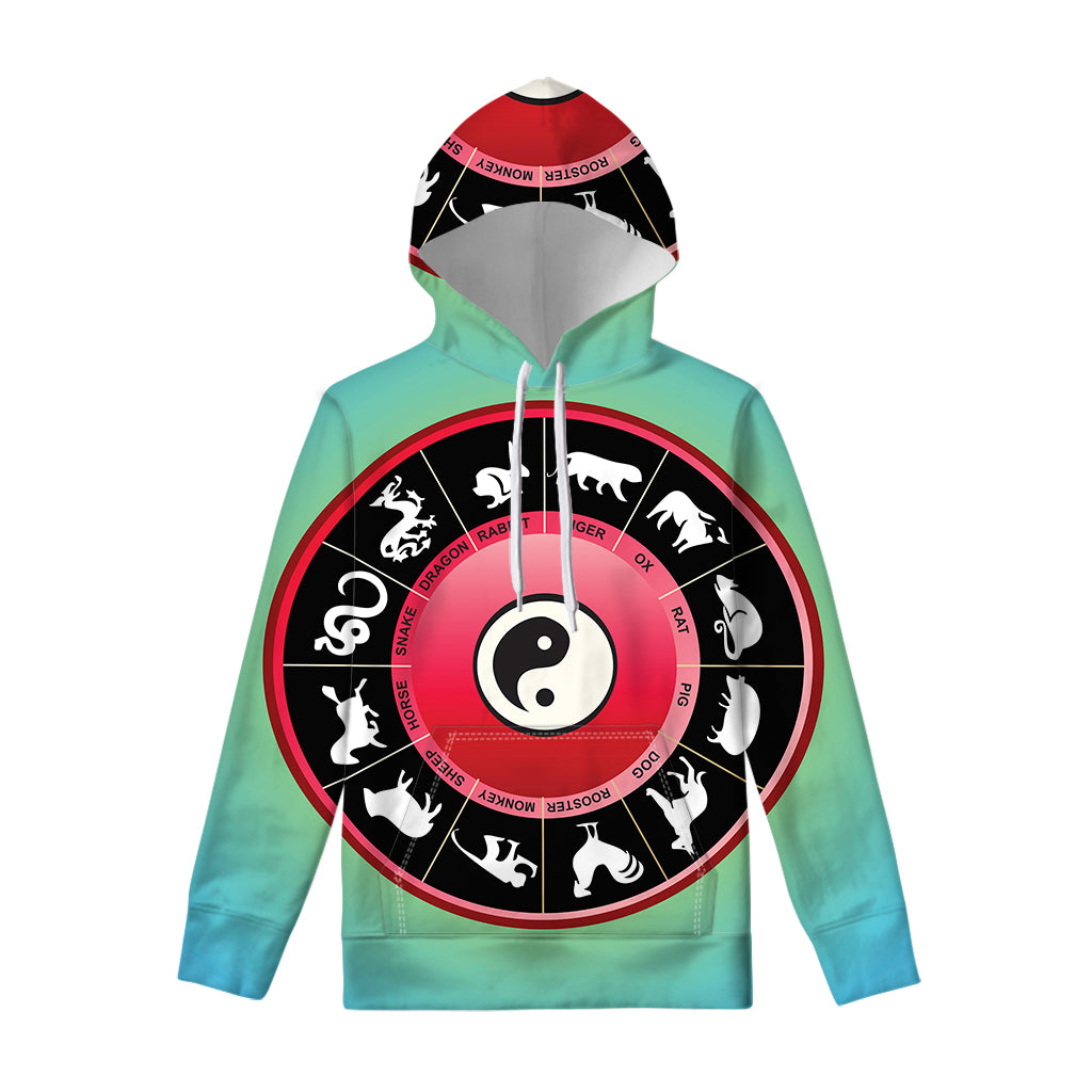 Yin Yang Chinese Zodiac Signs Print Pullover Hoodie