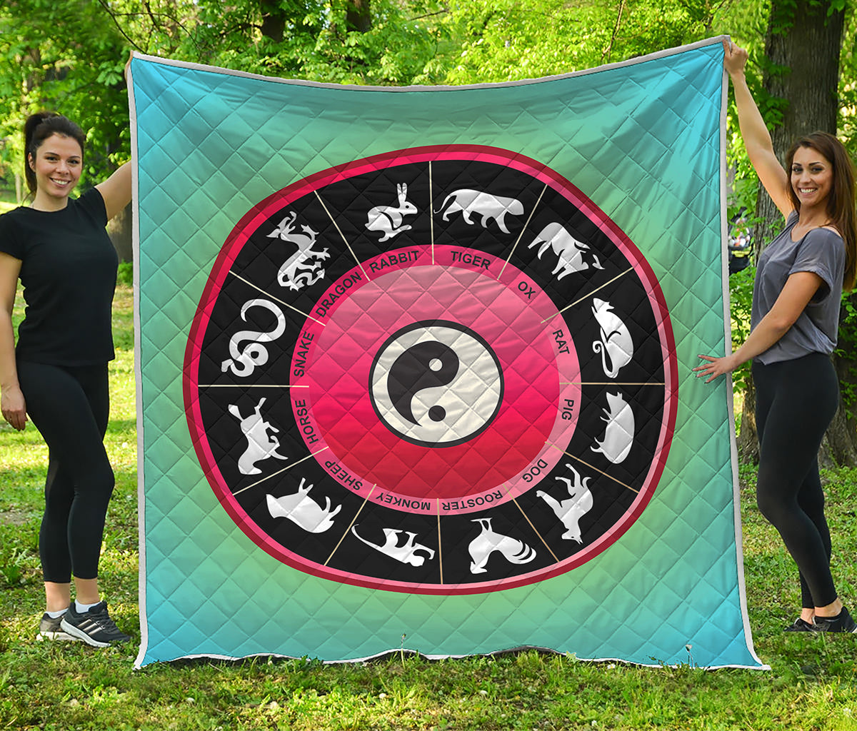 Yin Yang Chinese Zodiac Signs Print Quilt