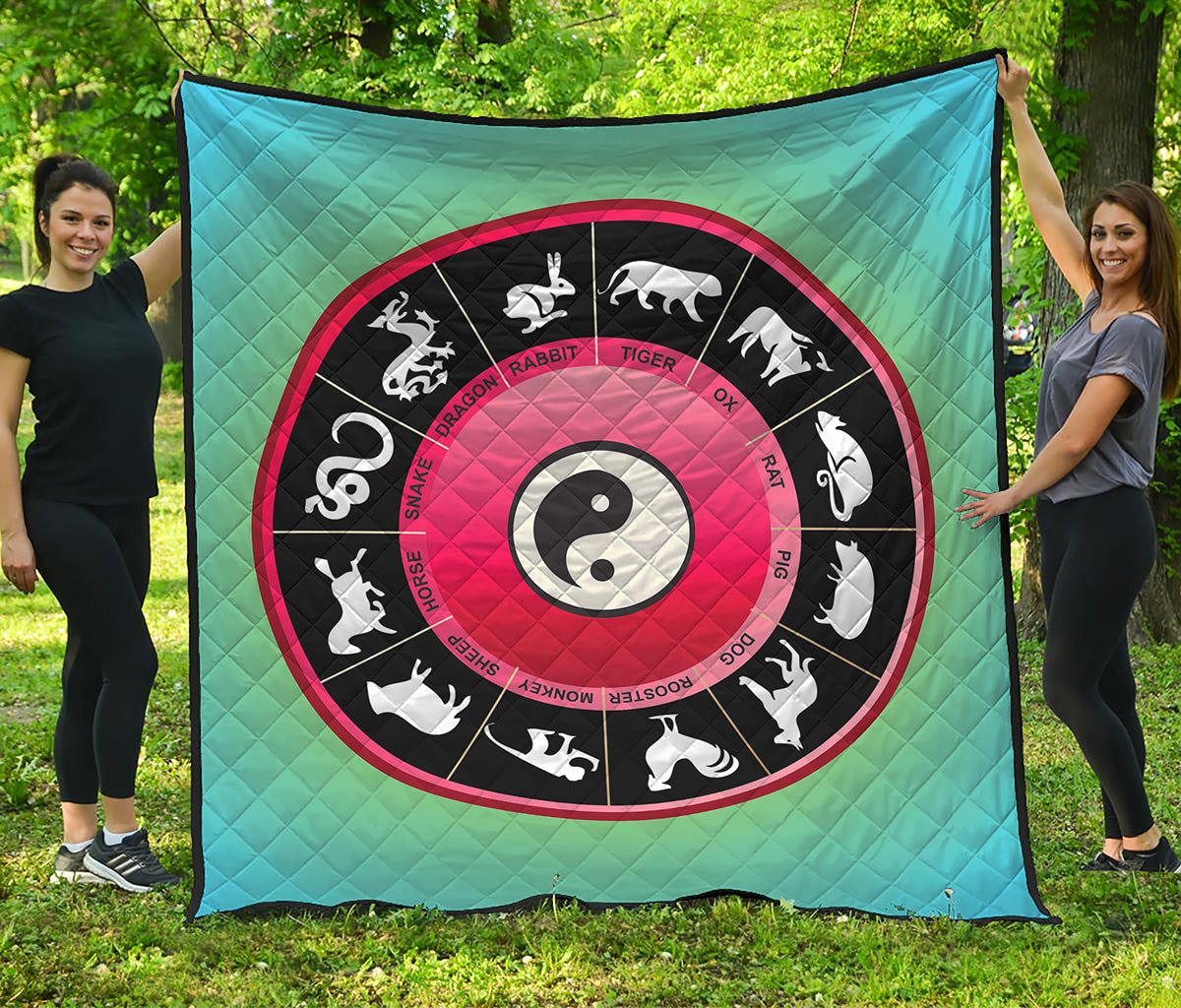 Yin Yang Chinese Zodiac Signs Print Quilt