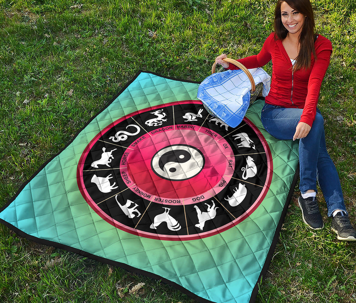 Yin Yang Chinese Zodiac Signs Print Quilt