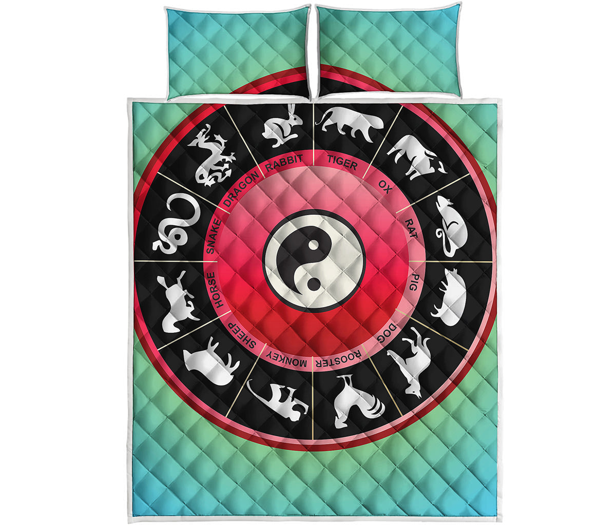 Yin Yang Chinese Zodiac Signs Print Quilt Bed Set
