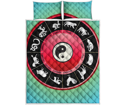 Yin Yang Chinese Zodiac Signs Print Quilt Bed Set