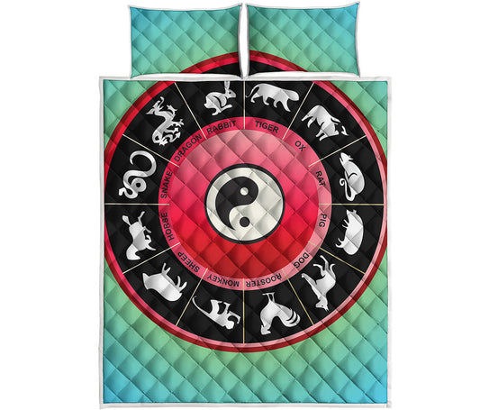 Yin Yang Chinese Zodiac Signs Print Quilt Bed Set