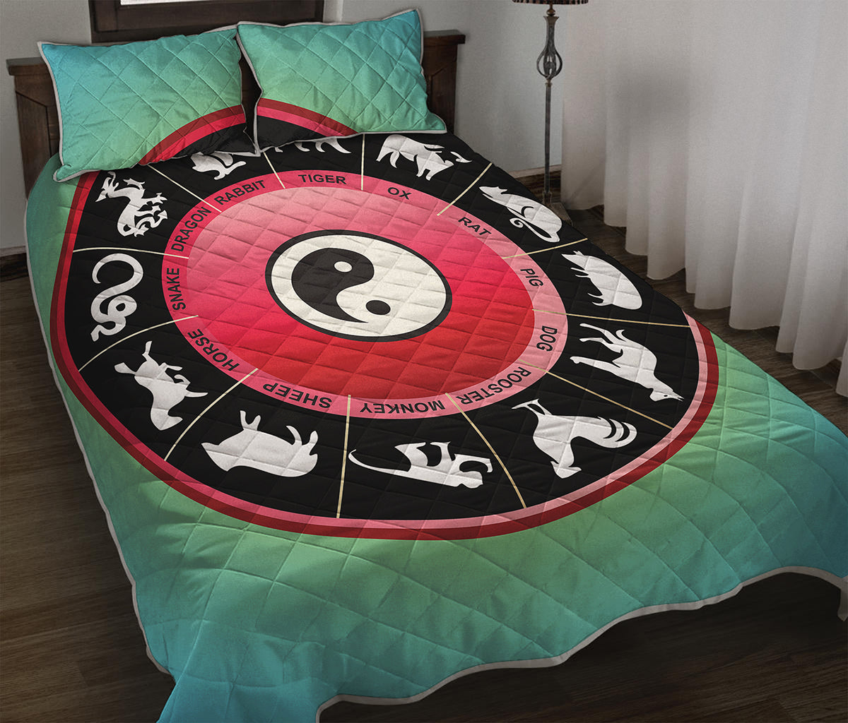 Yin Yang Chinese Zodiac Signs Print Quilt Bed Set