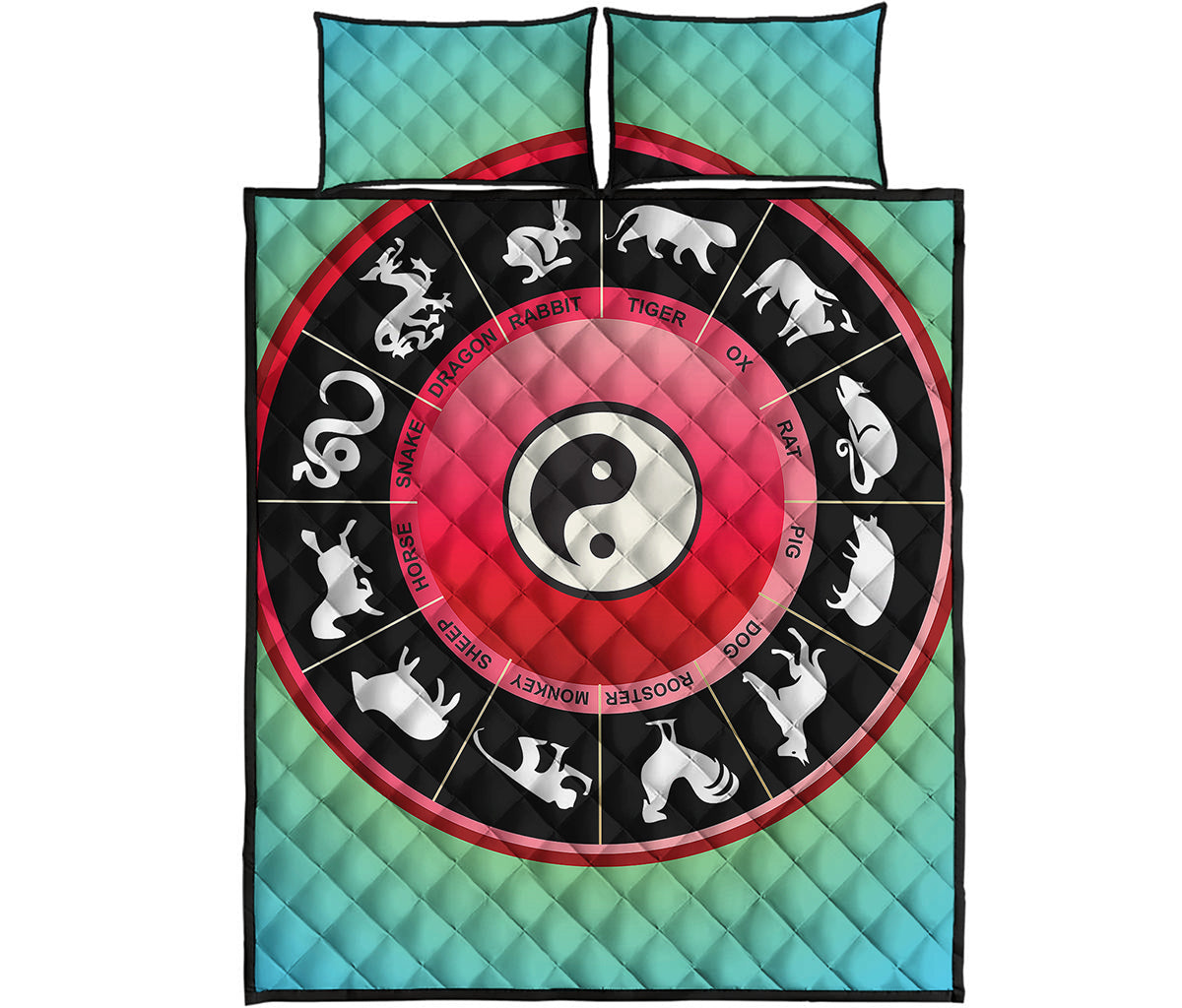 Yin Yang Chinese Zodiac Signs Print Quilt Bed Set