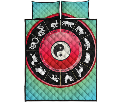 Yin Yang Chinese Zodiac Signs Print Quilt Bed Set