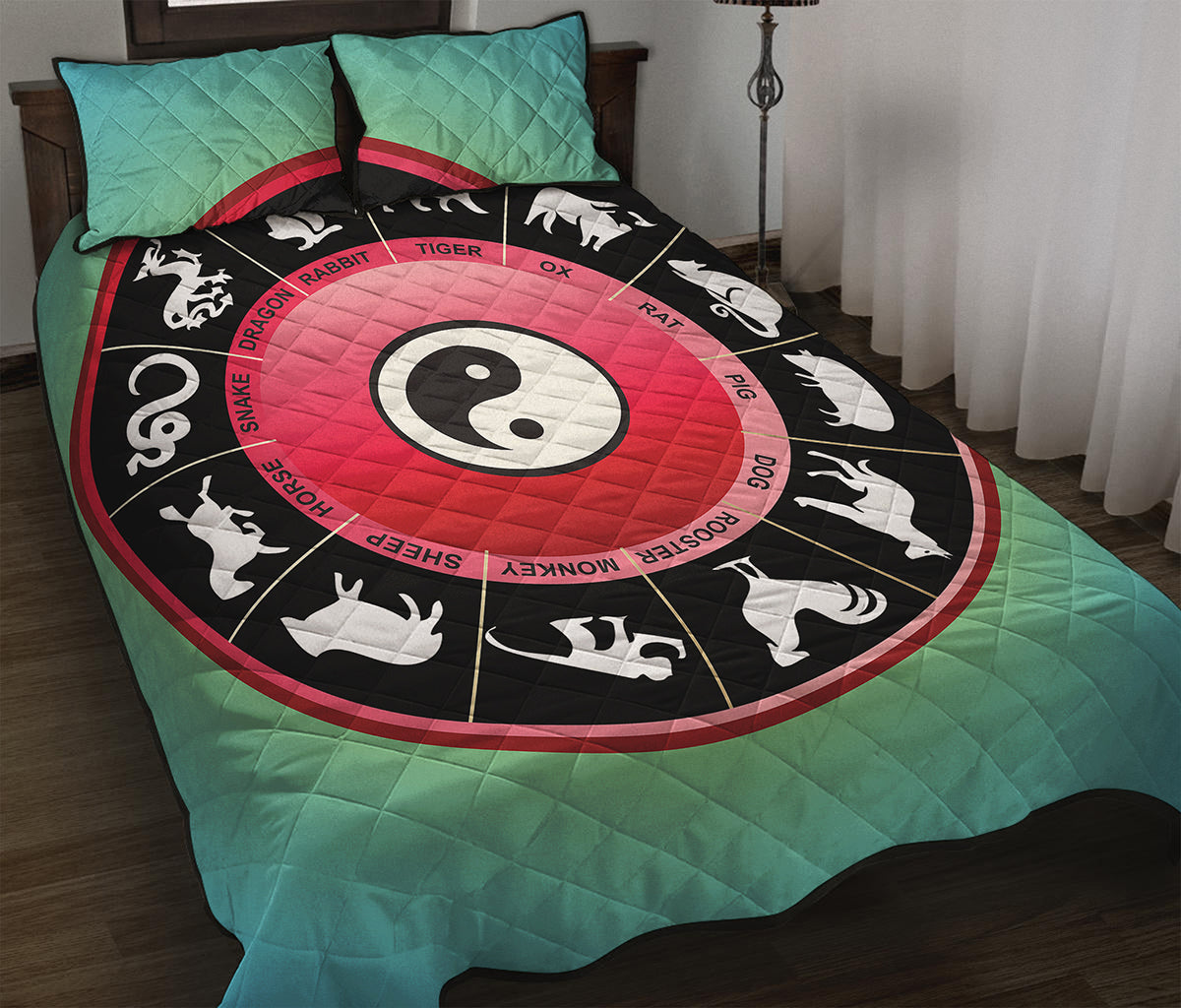 Yin Yang Chinese Zodiac Signs Print Quilt Bed Set