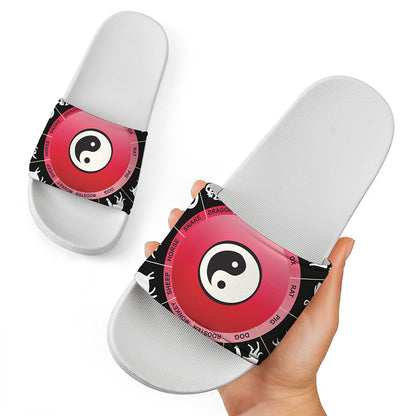 Yin Yang Chinese Zodiac Signs Print White Slide Sandals