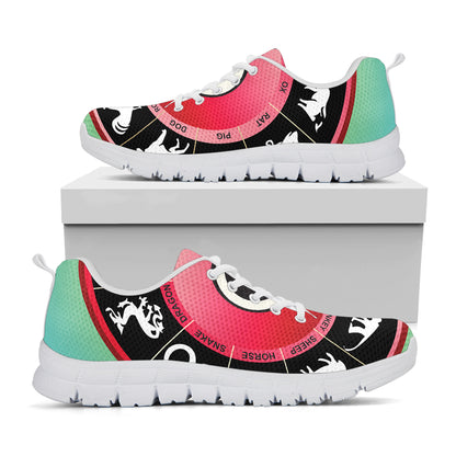 Yin Yang Chinese Zodiac Signs Print White Sneakers