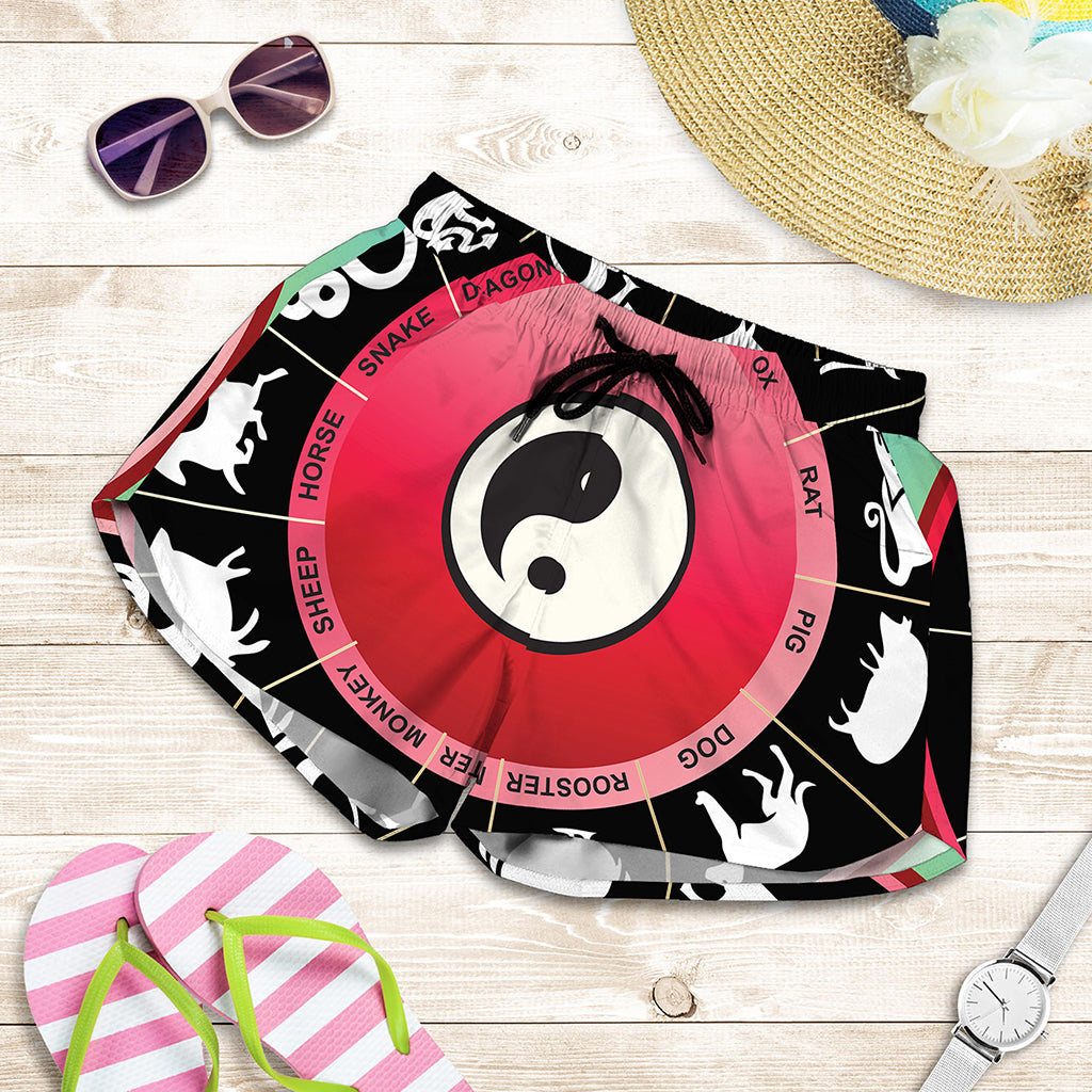 Yin Yang Chinese Zodiac Signs Print Women's Shorts