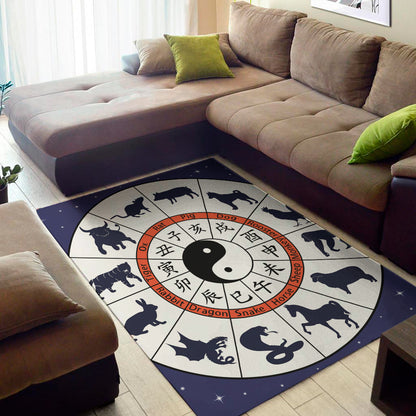Yin Yang Chinese Zodiac Wheel Print Area Rug