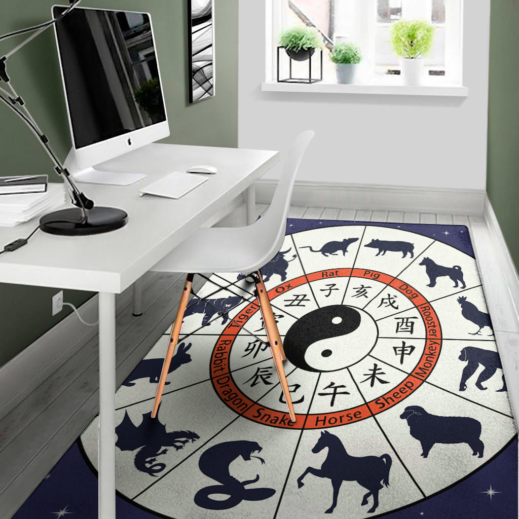 Yin Yang Chinese Zodiac Wheel Print Area Rug