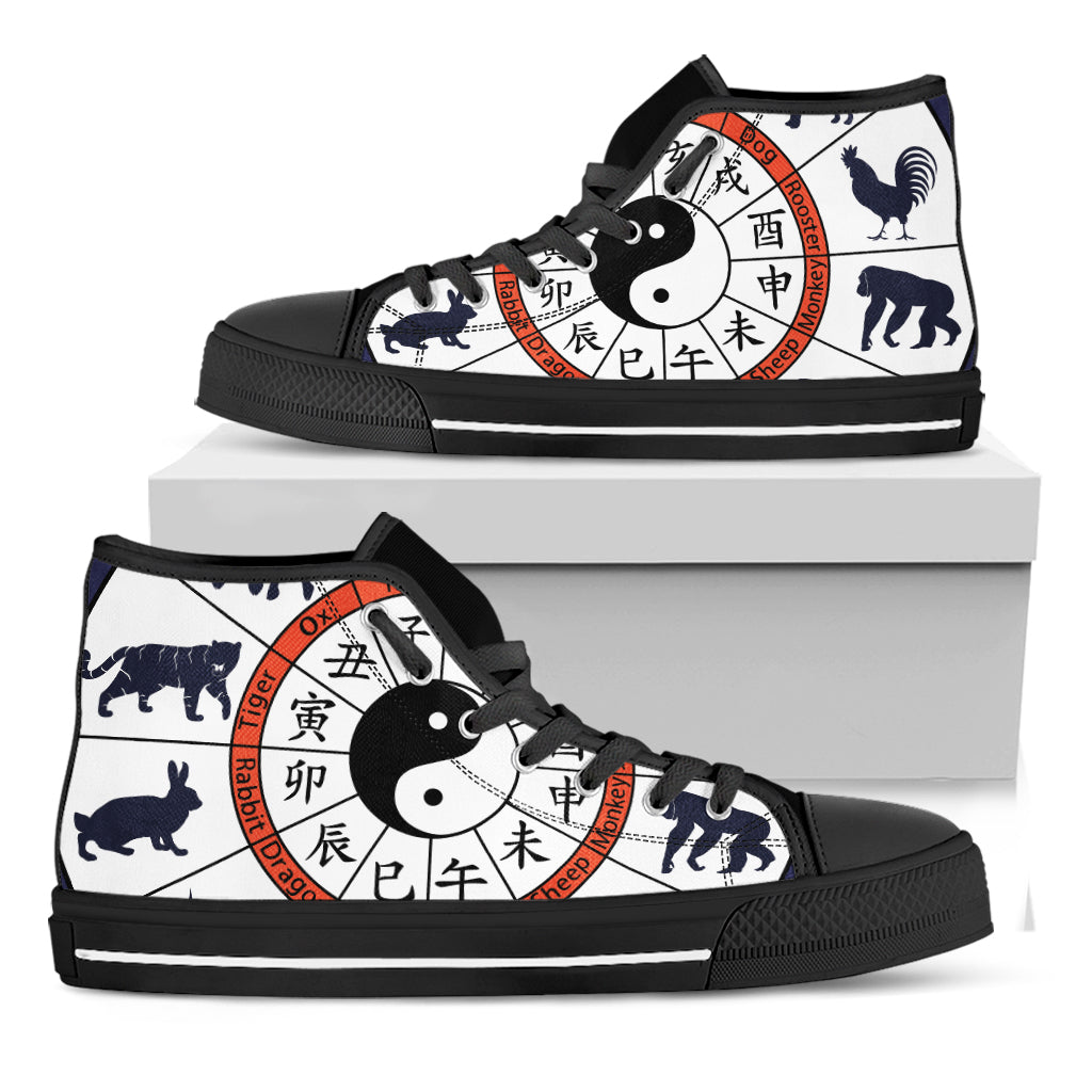 Yin Yang Chinese Zodiac Wheel Print Black High Top Shoes