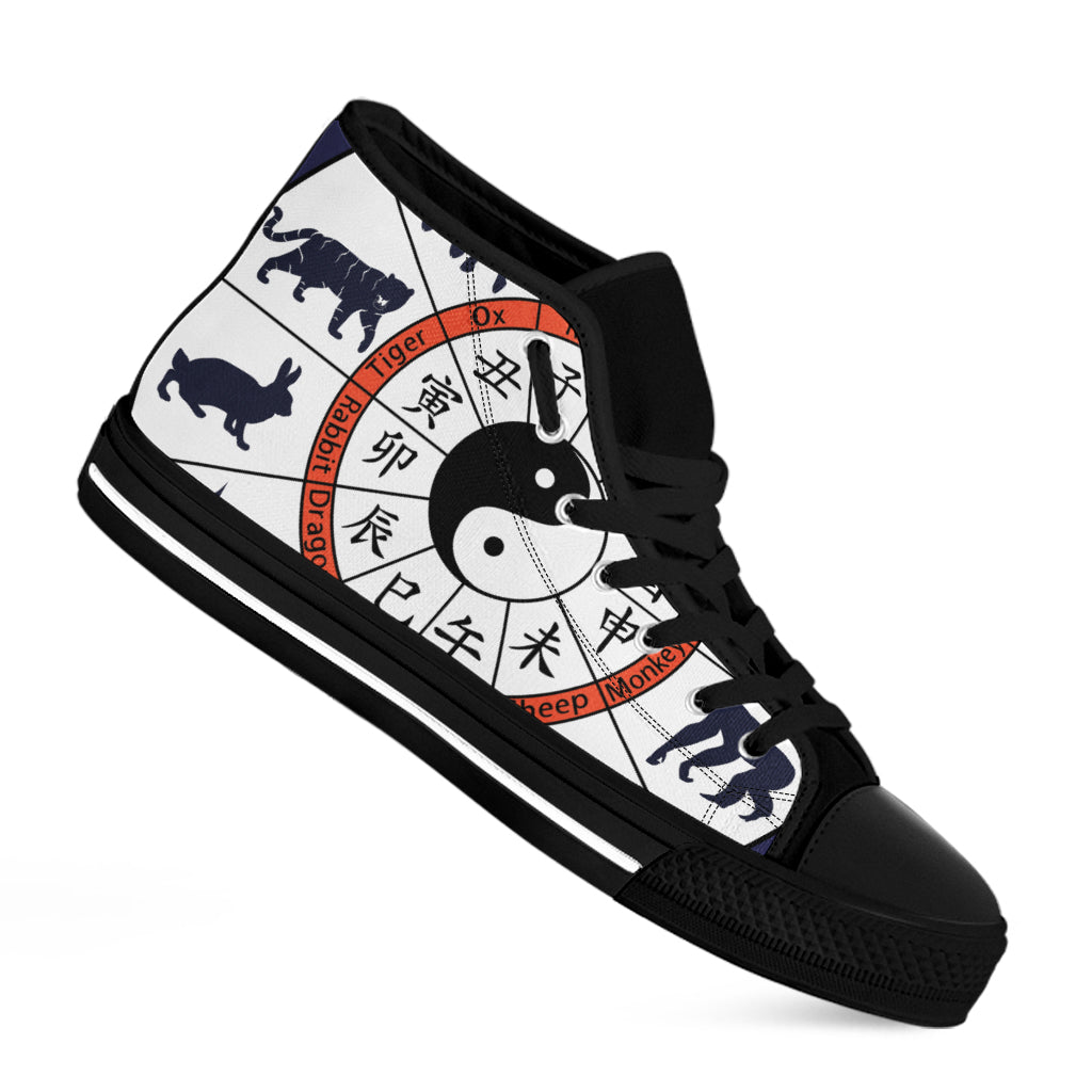 Yin Yang Chinese Zodiac Wheel Print Black High Top Shoes