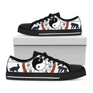 Yin Yang Chinese Zodiac Wheel Print Black Low Top Shoes 