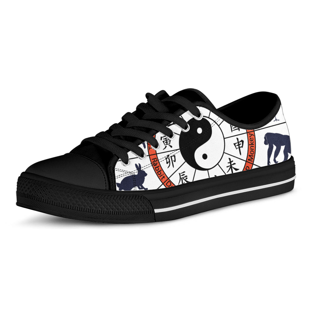 Yin Yang Chinese Zodiac Wheel Print Black Low Top Shoes 