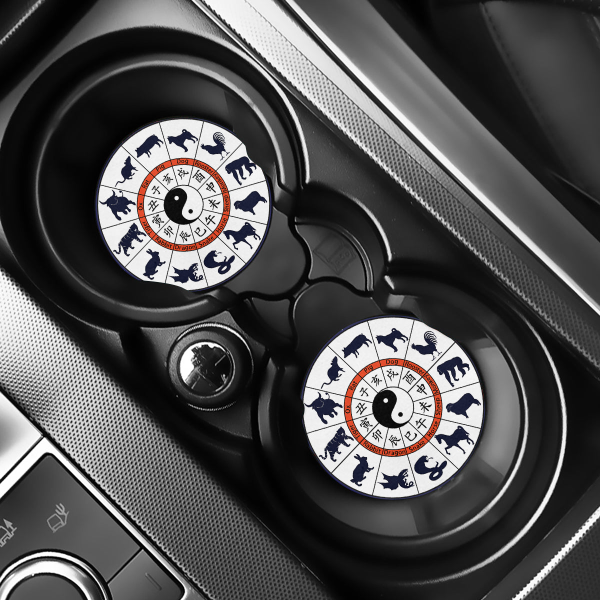 Yin Yang Chinese Zodiac Wheel Print Car Coasters