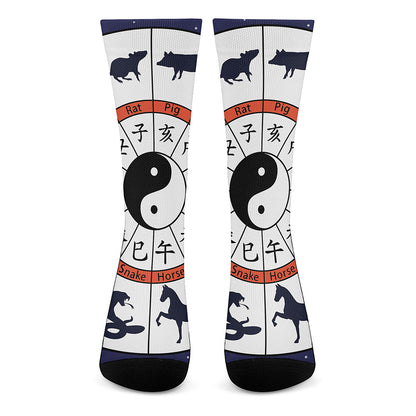 Yin Yang Chinese Zodiac Wheel Print Crew Socks