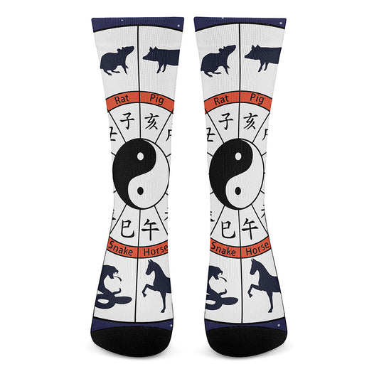 Yin Yang Chinese Zodiac Wheel Print Crew Socks