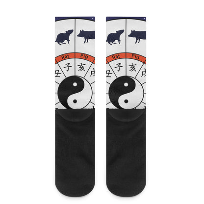 Yin Yang Chinese Zodiac Wheel Print Crew Socks