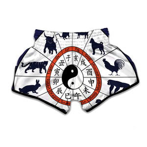 Yin Yang Chinese Zodiac Wheel Print Muay Thai Boxing Shorts