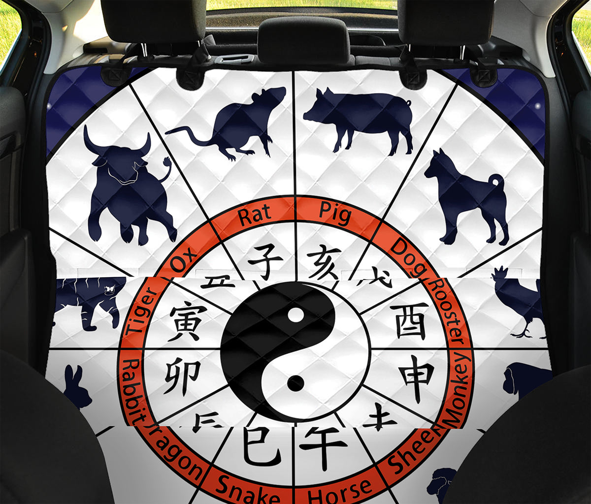 Yin Yang Chinese Zodiac Wheel Print Pet Car Back Seat Cover