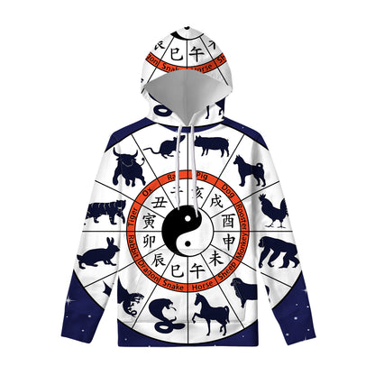 Yin Yang Chinese Zodiac Wheel Print Pullover Hoodie
