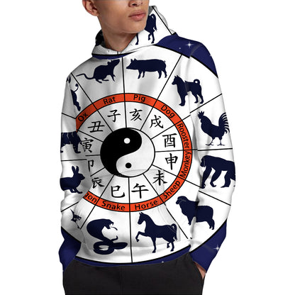 Yin Yang Chinese Zodiac Wheel Print Pullover Hoodie