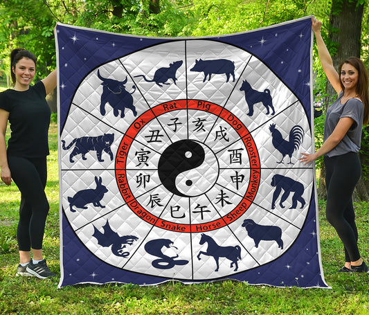 Yin Yang Chinese Zodiac Wheel Print Quilt