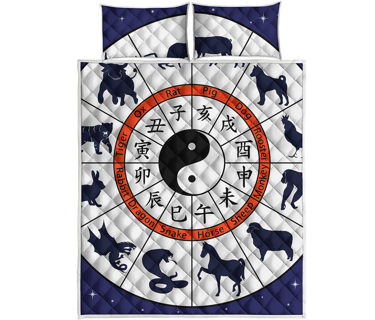 Yin Yang Chinese Zodiac Wheel Print Quilt Bed Set