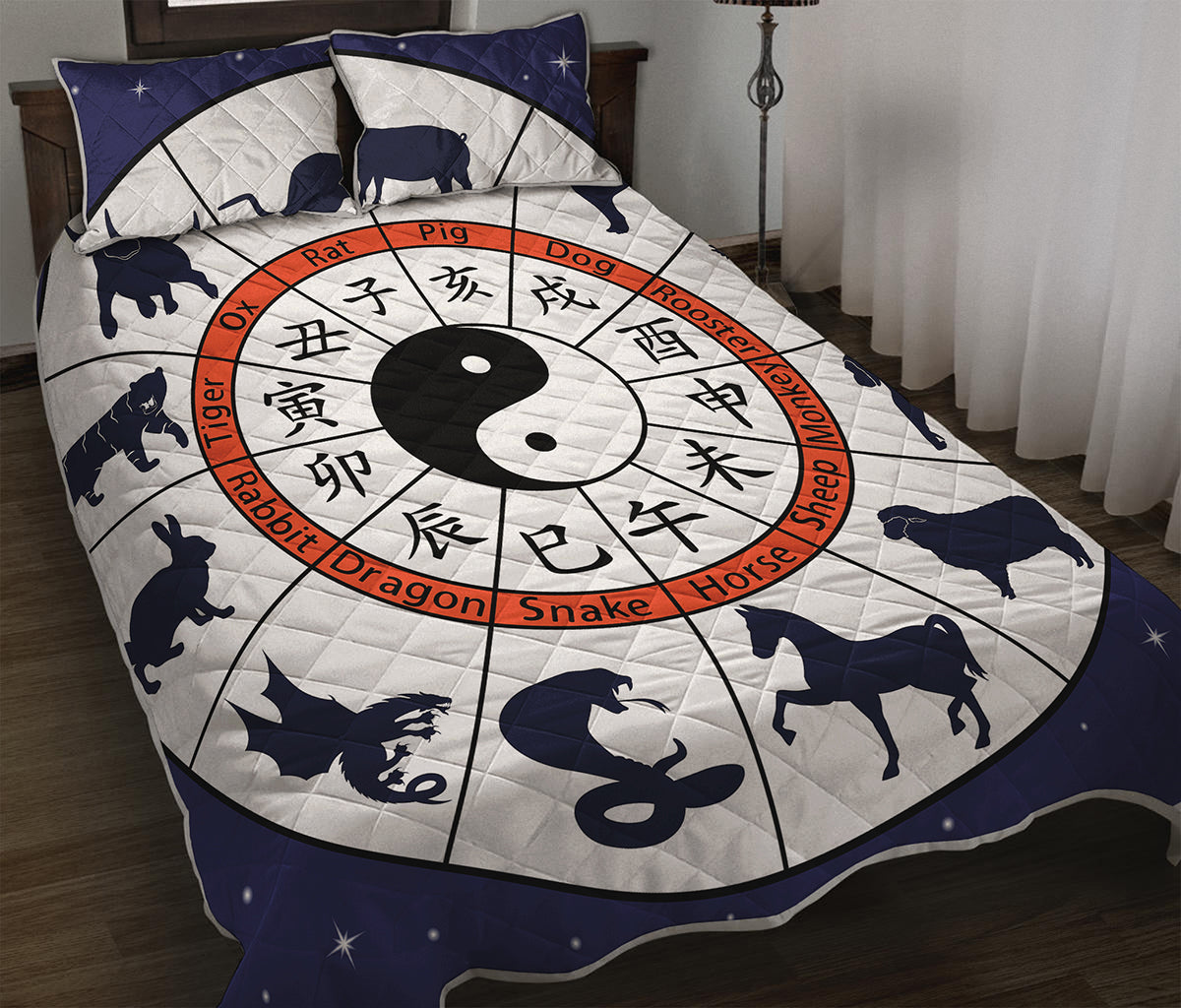 Yin Yang Chinese Zodiac Wheel Print Quilt Bed Set