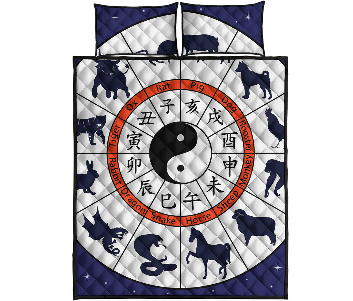 Yin Yang Chinese Zodiac Wheel Print Quilt Bed Set