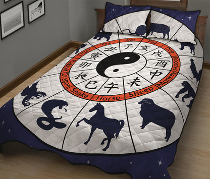 Yin Yang Chinese Zodiac Wheel Print Quilt Bed Set