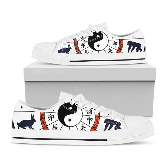 Yin Yang Chinese Zodiac Wheel Print White Low Top Shoes
