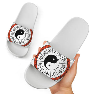 Yin Yang Chinese Zodiac Wheel Print White Slide Sandals