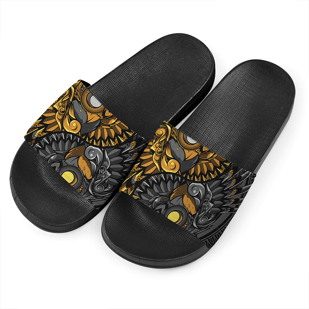 Yin Yang Owl Print Black Slide Sandals