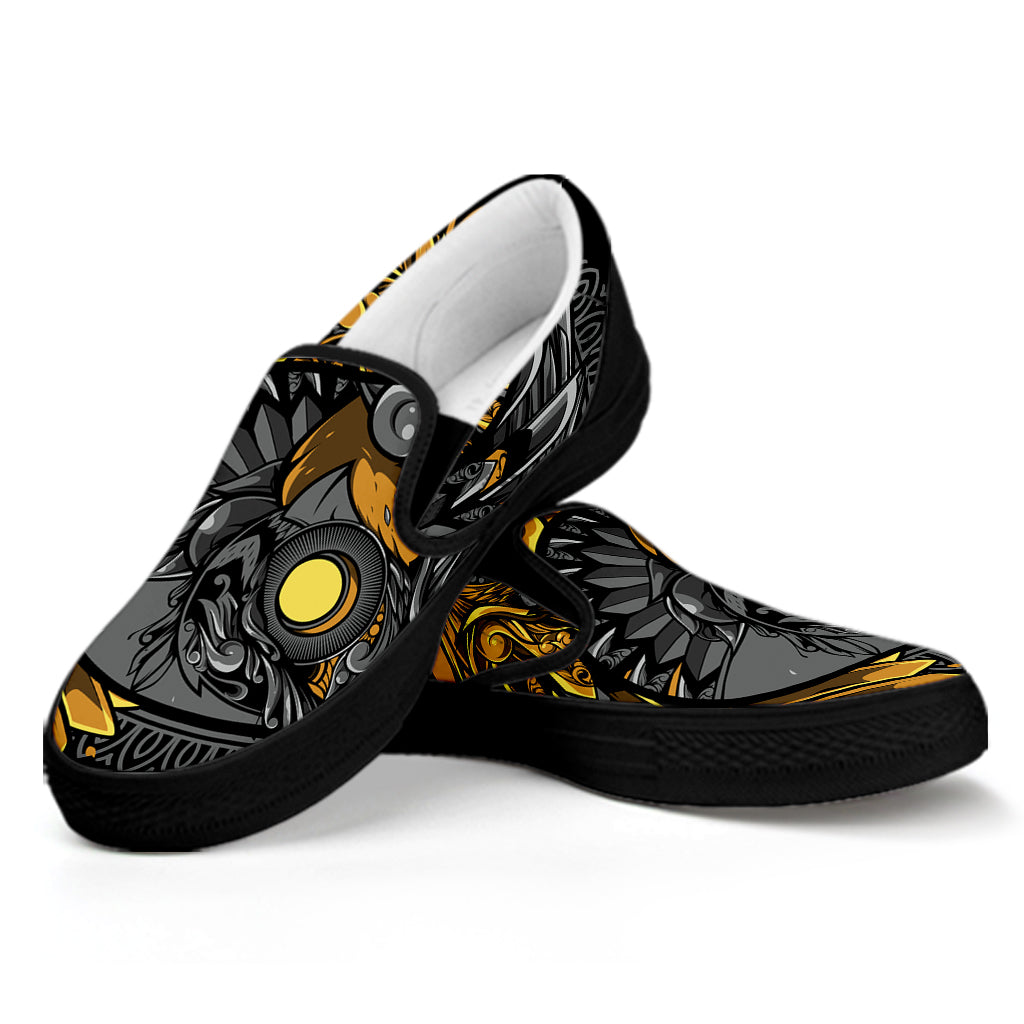 Yin Yang Owl Print Black Slip On Shoes