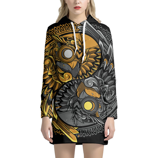Yin Yang Owl Print Pullover Hoodie Dress