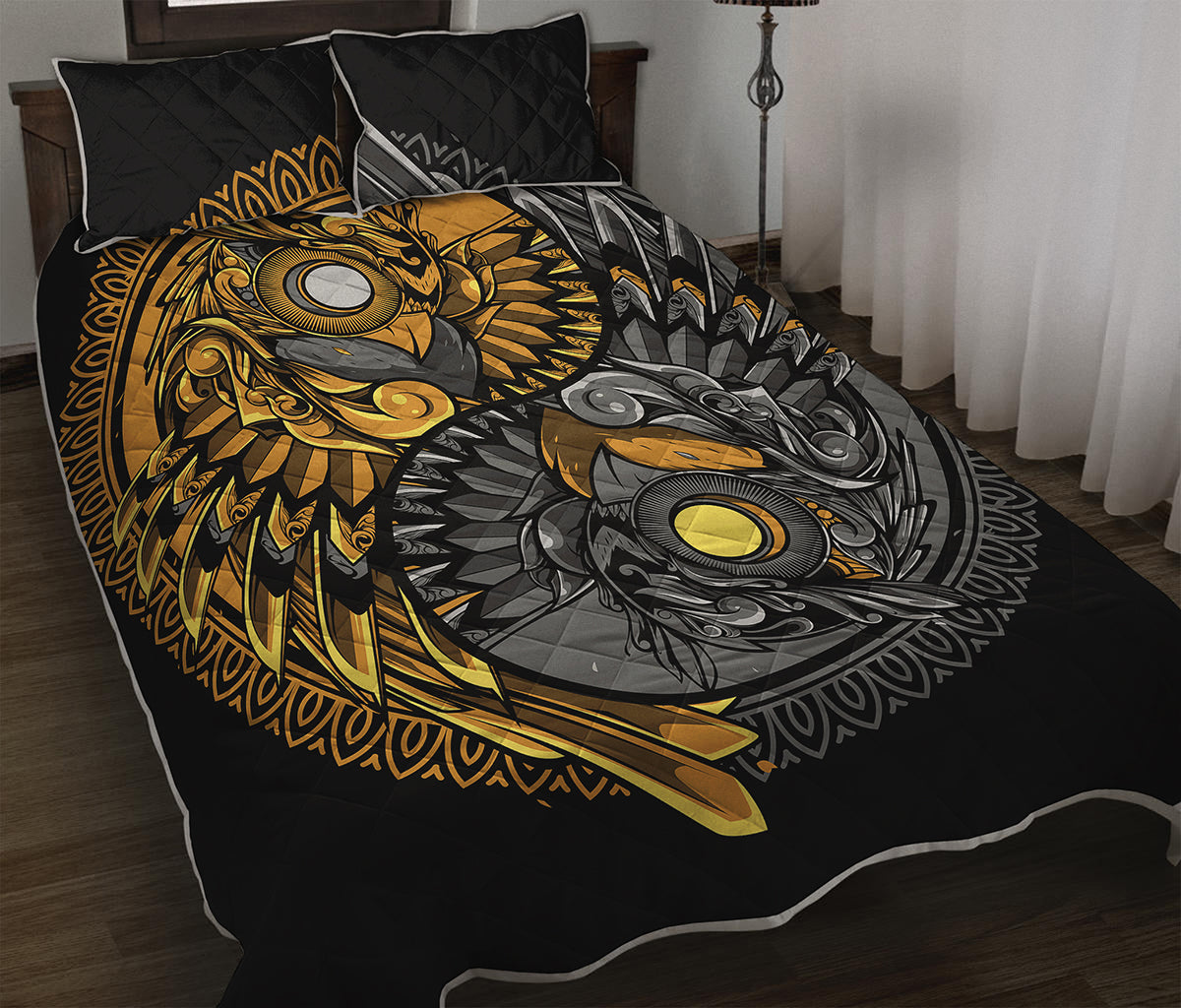 Yin Yang Owl Print Quilt Bed Set