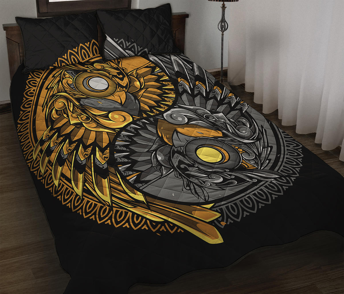 Yin Yang Owl Print Quilt Bed Set
