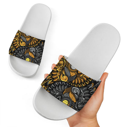 Yin Yang Owl Print White Slide Sandals
