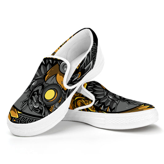 Yin Yang Owl Print White Slip On Shoes