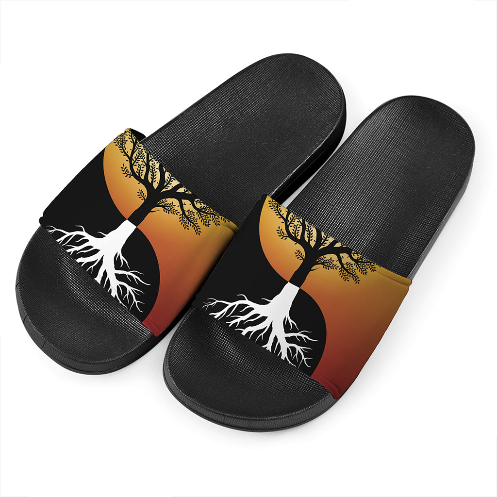 Yin Yang Tree Of Life Print Black Slide Sandals