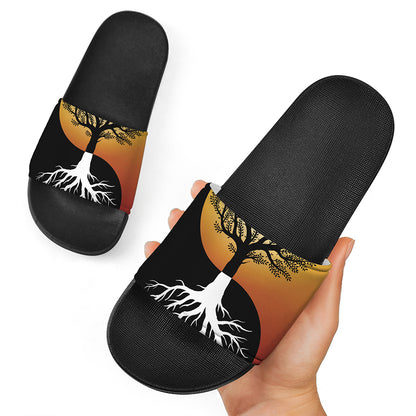 Yin Yang Tree Of Life Print Black Slide Sandals