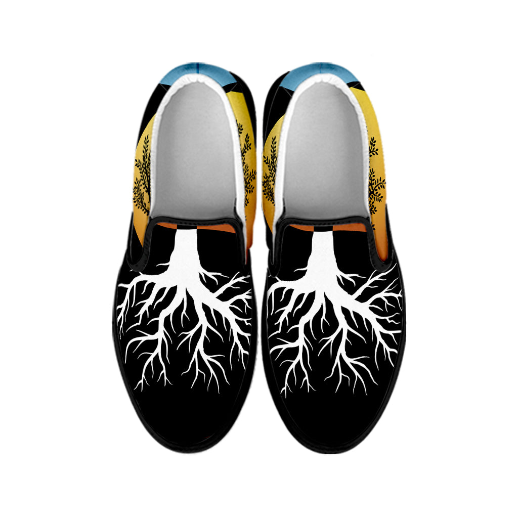 Yin Yang Tree Of Life Print Black Slip On Shoes