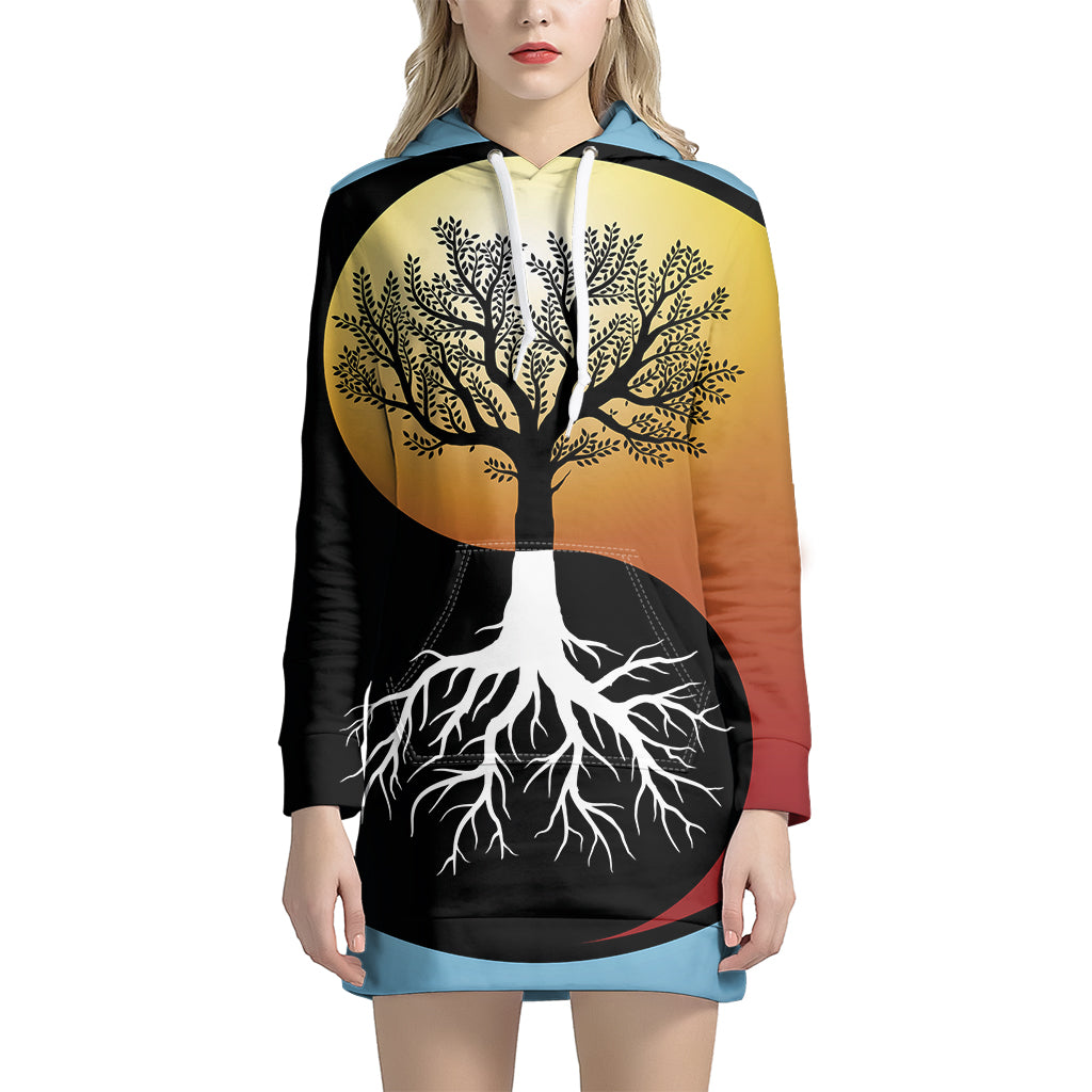Yin Yang Tree Of Life Print Pullover Hoodie Dress