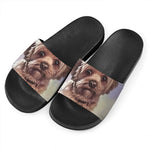 Yorkshire Terrier Portrait Print Black Slide Sandals